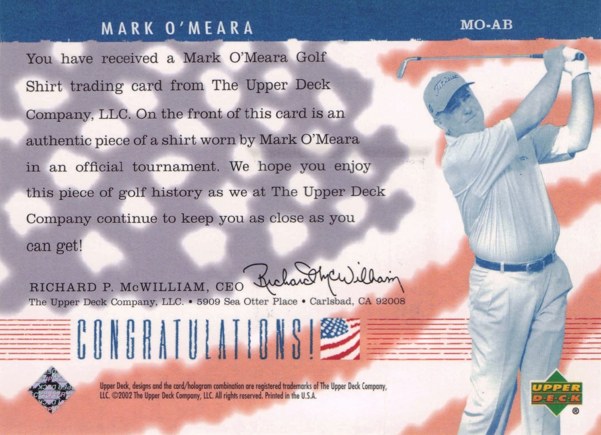 Mark O'Meara America's Best 2002 Upper Deck Real Worn Golf Shirt Card