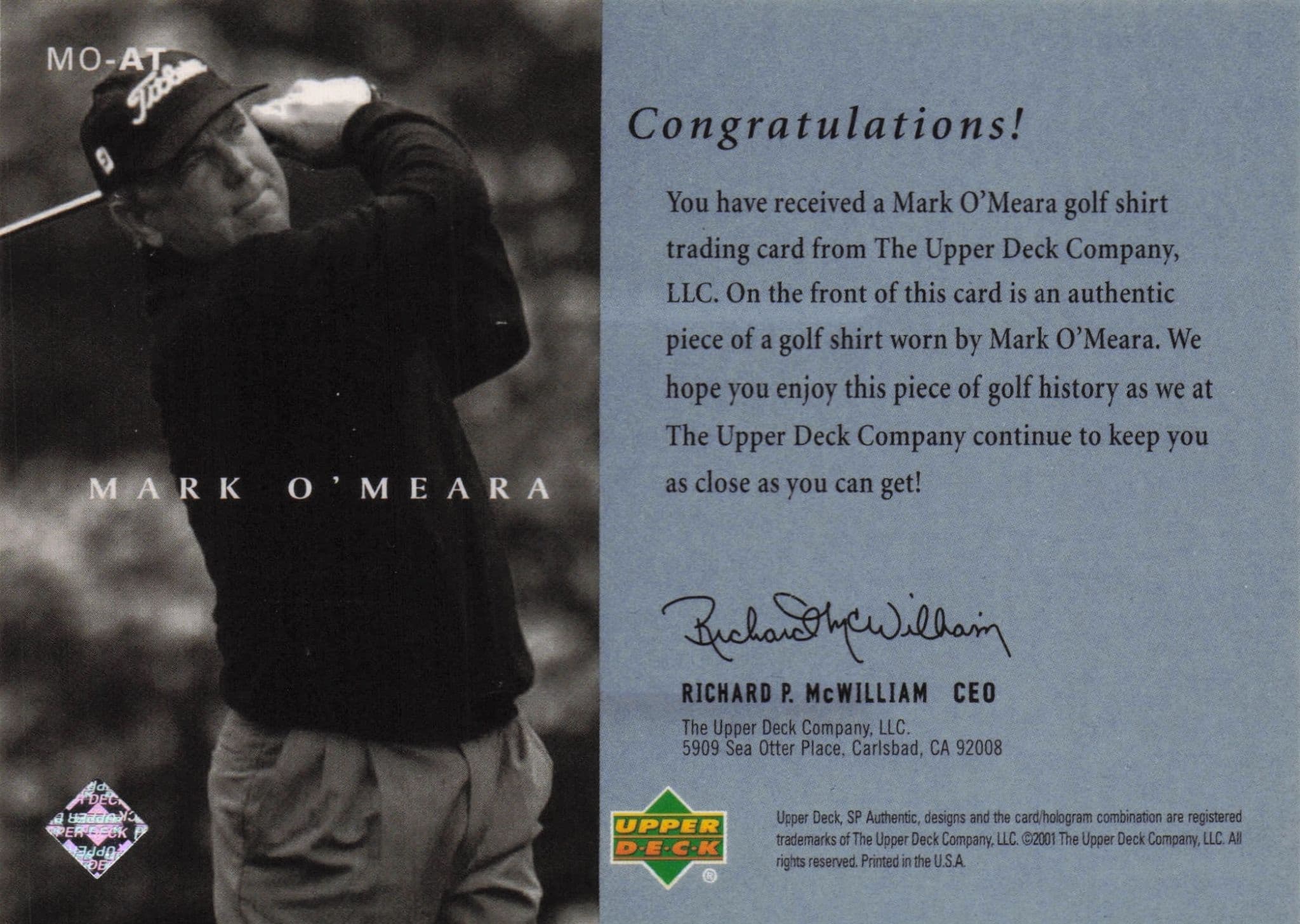 Mark O'Meara Authentic Threads Upper Deck Golf Worn Shirt Card