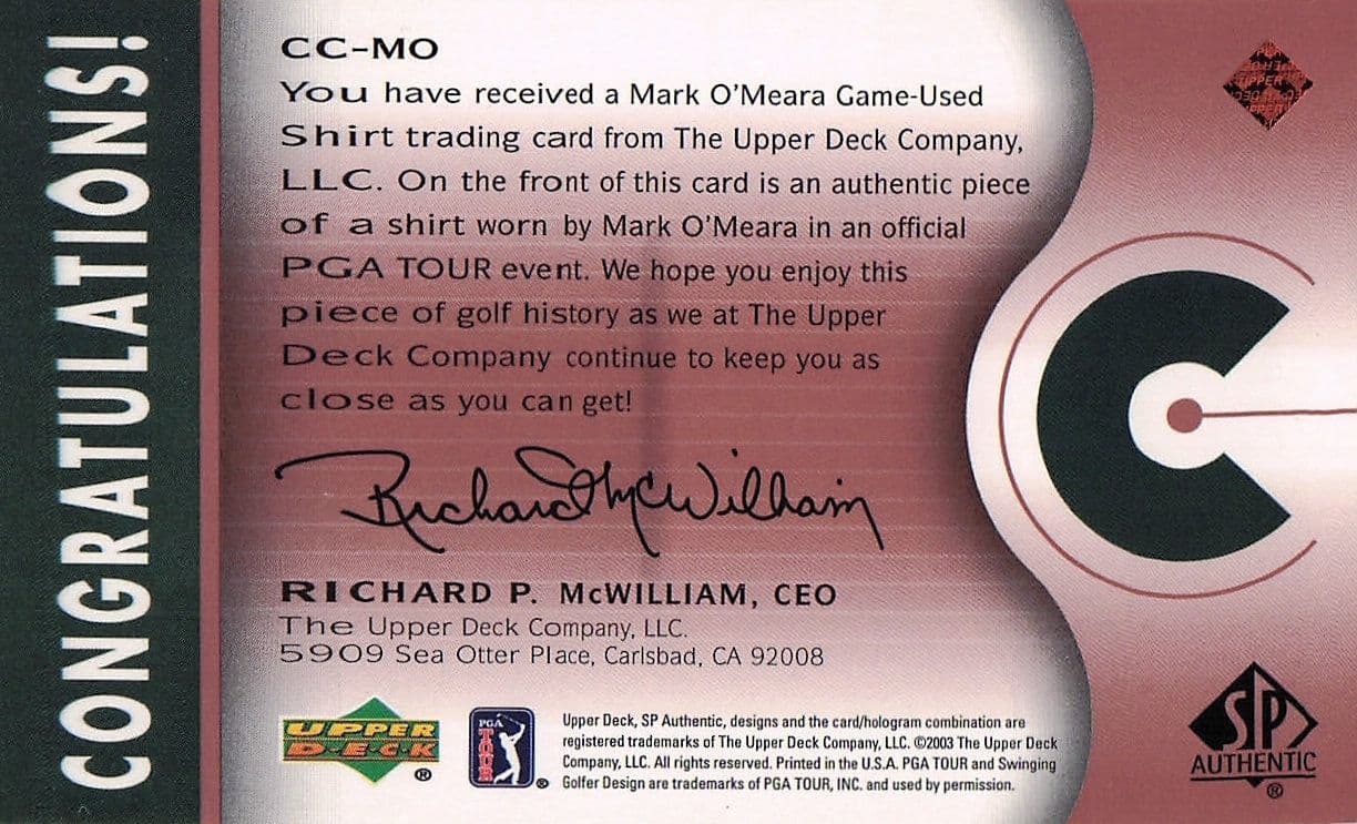 Mark O'Meara Course Classics 2003 Authentic Worn PGA Tour Golf Shirt Card