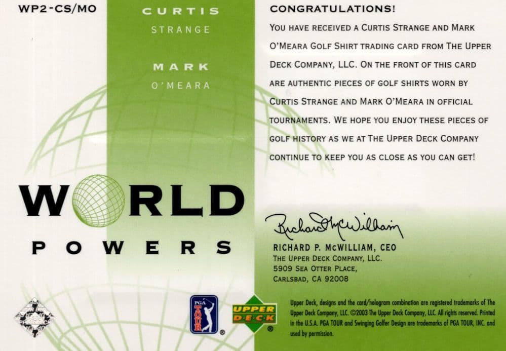 Mark O'Meara & Curtis Strange World Powers Golf Upper Deck Relic Shirt Card