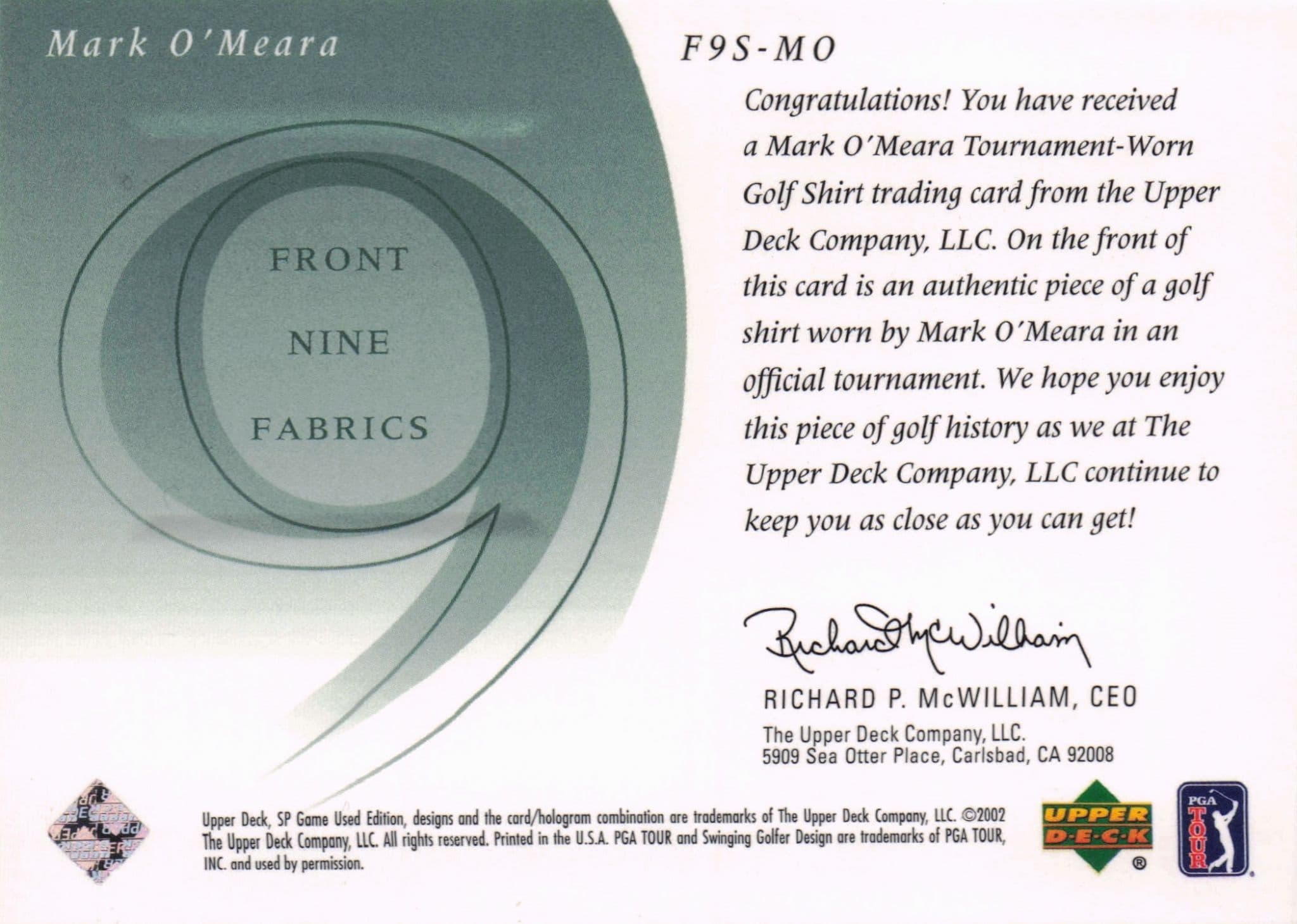 Mark O'Meara Front 9 Fabric 2002 Upper Deck Authentic Shirt Card