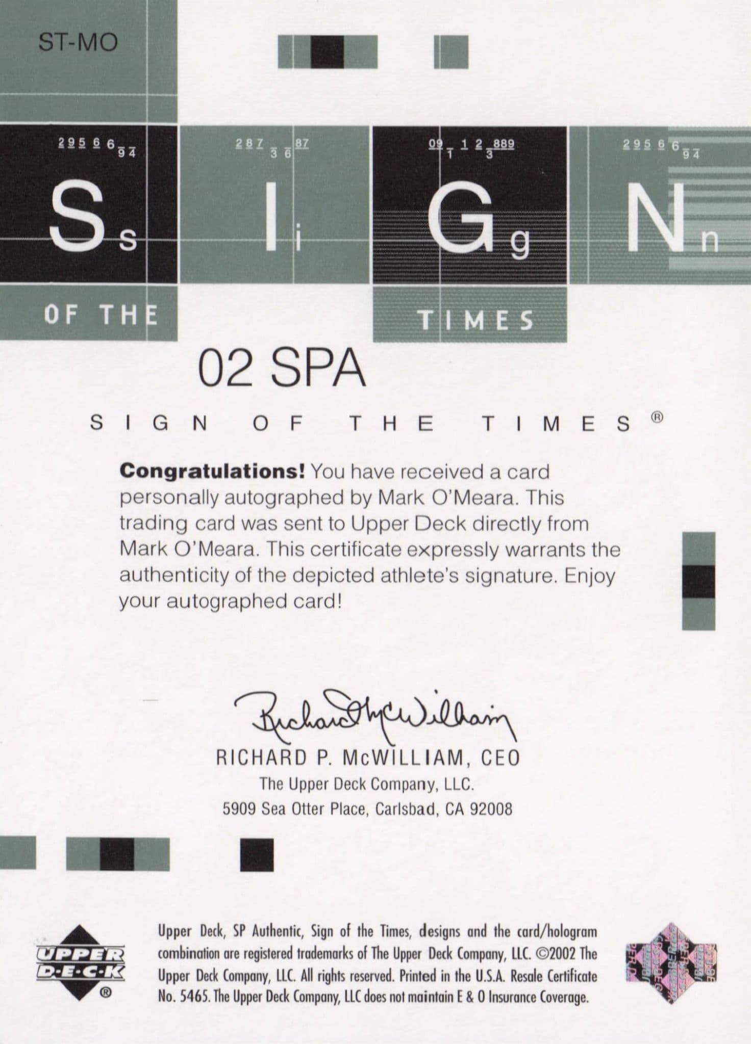 Mark O'Meara Sign Of The Times Hand Signed 2002 SP Golf Autograph Card