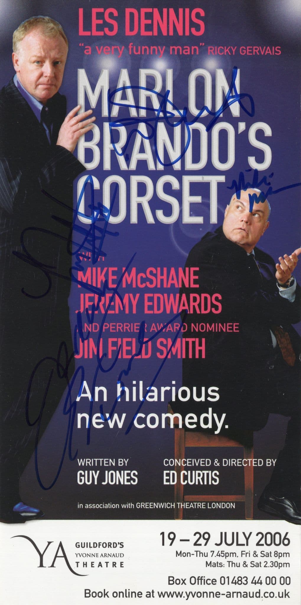 Marlon Brando's Corset Les Dennis Mike McShane Robin Hood 4x Hand Signed Theatre Flyer