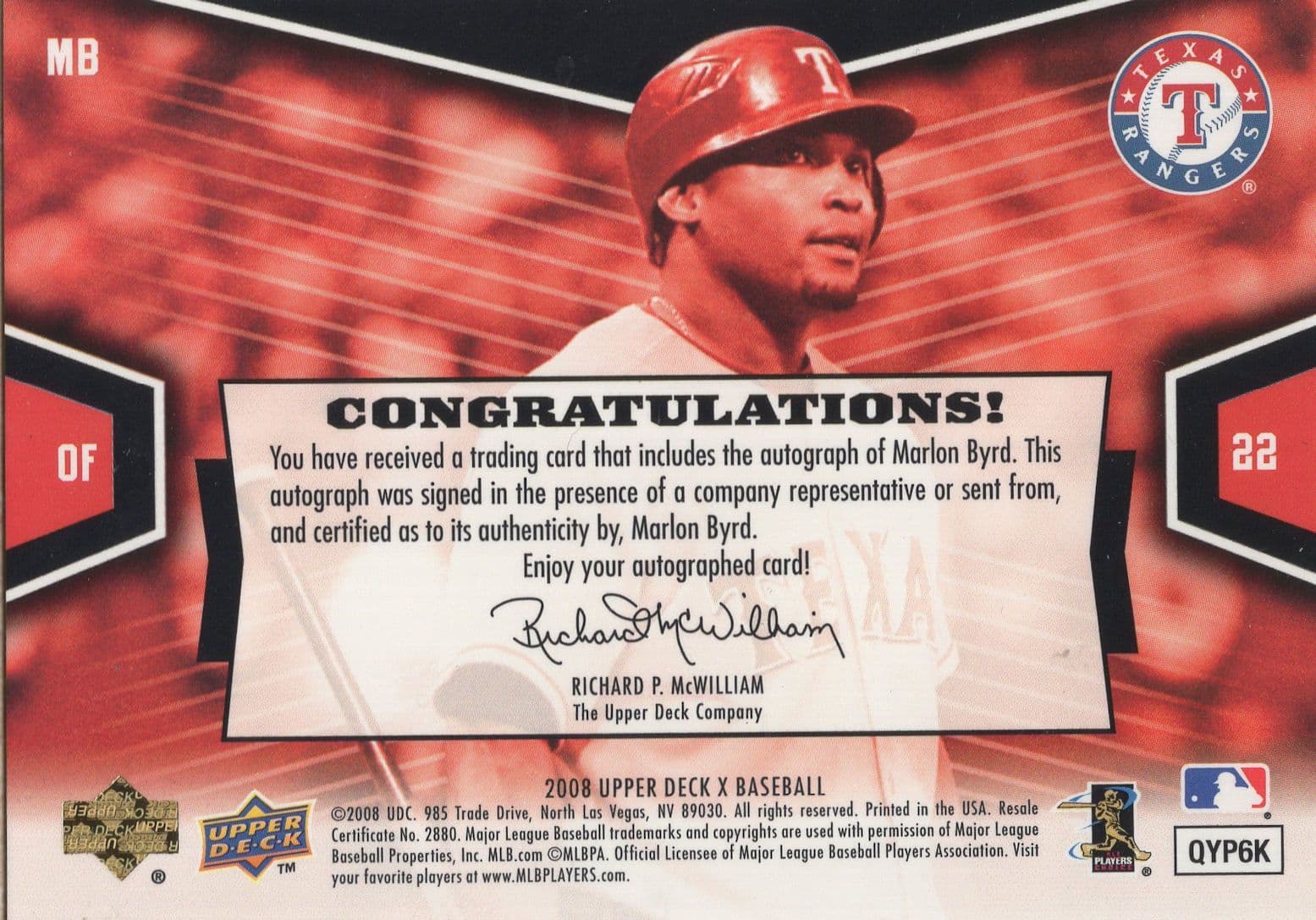 Marlon Byrd Texas Rangers Baseball Hand Signed Trading Card