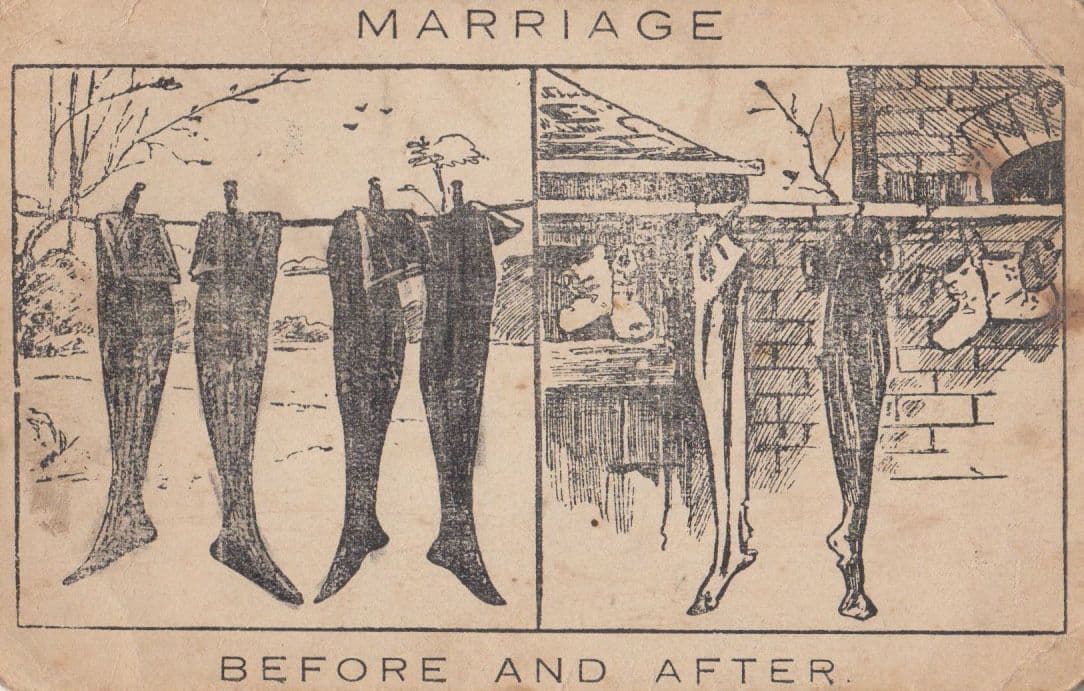 Marriage Washing Line Boots Before & After Antique Comic Humour Postcard