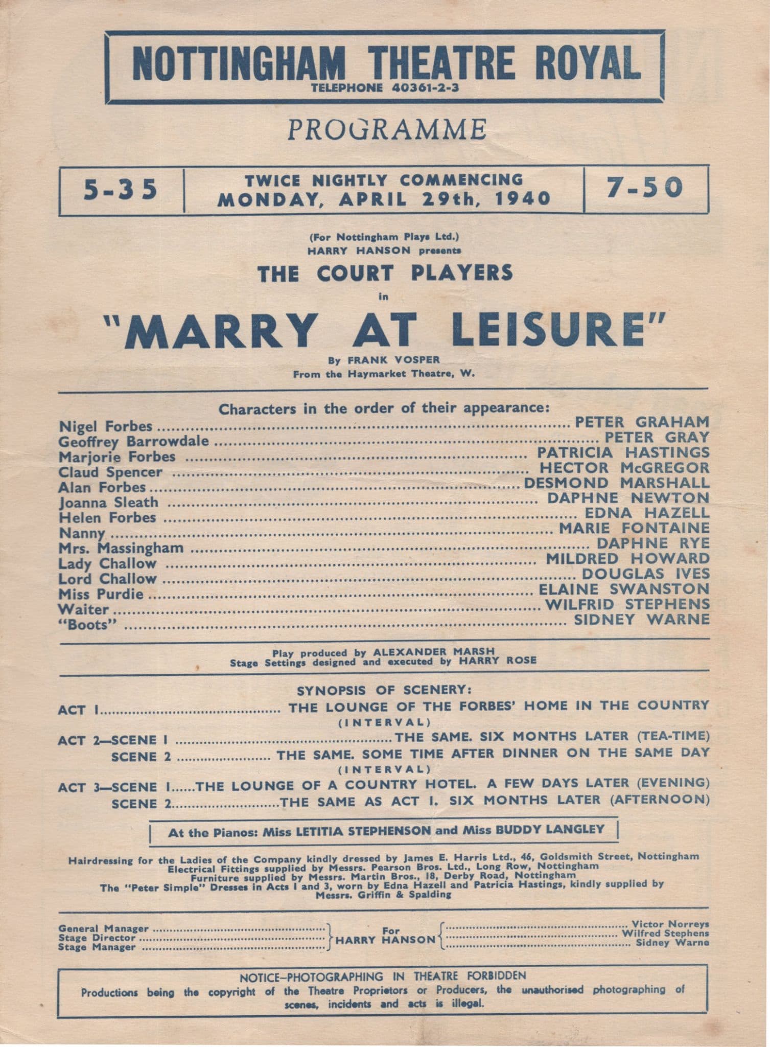 Marry At Leisure Frank Vosper Nottingham WW2 Theatre Programme