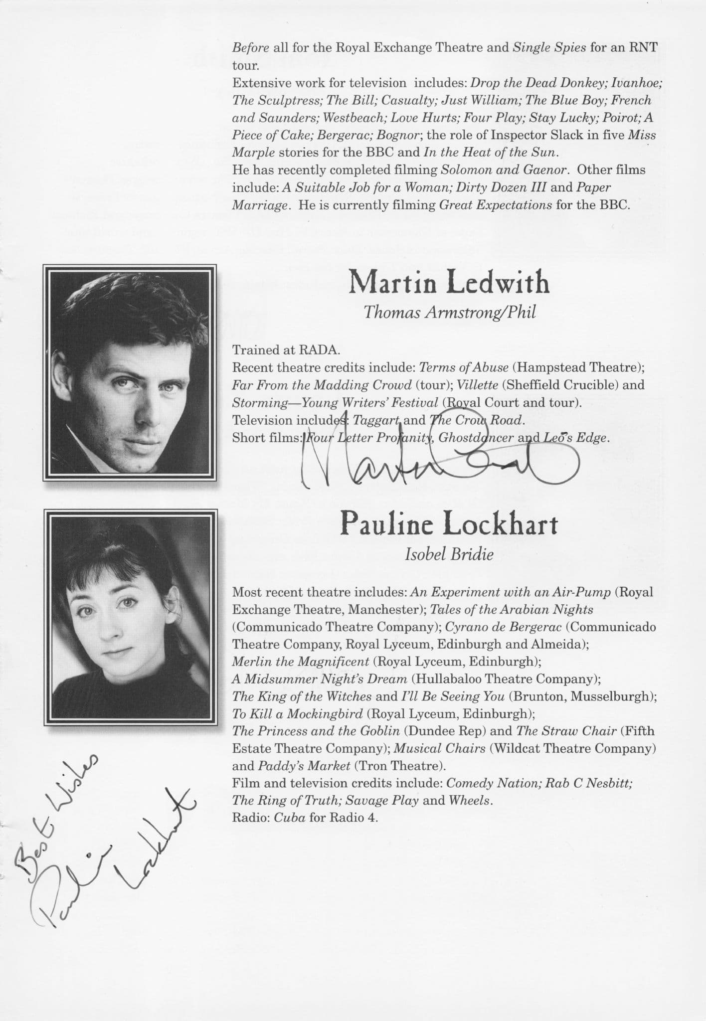 Martin Ledwith Heartbeat Holby City 4x Hand Signed Theatre Page