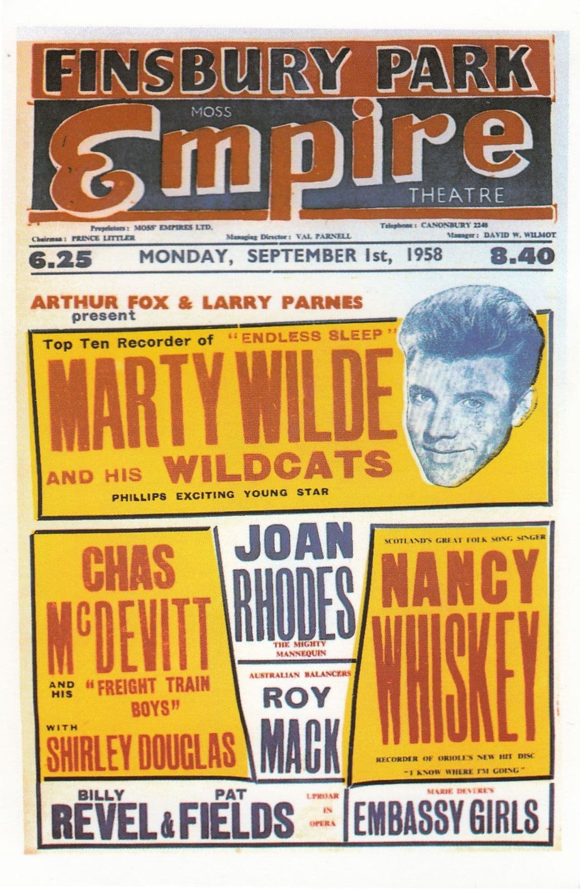 Marty Wilde Chas McDevitt Live Finsbury Park London Empire Theatre Poster Postcard