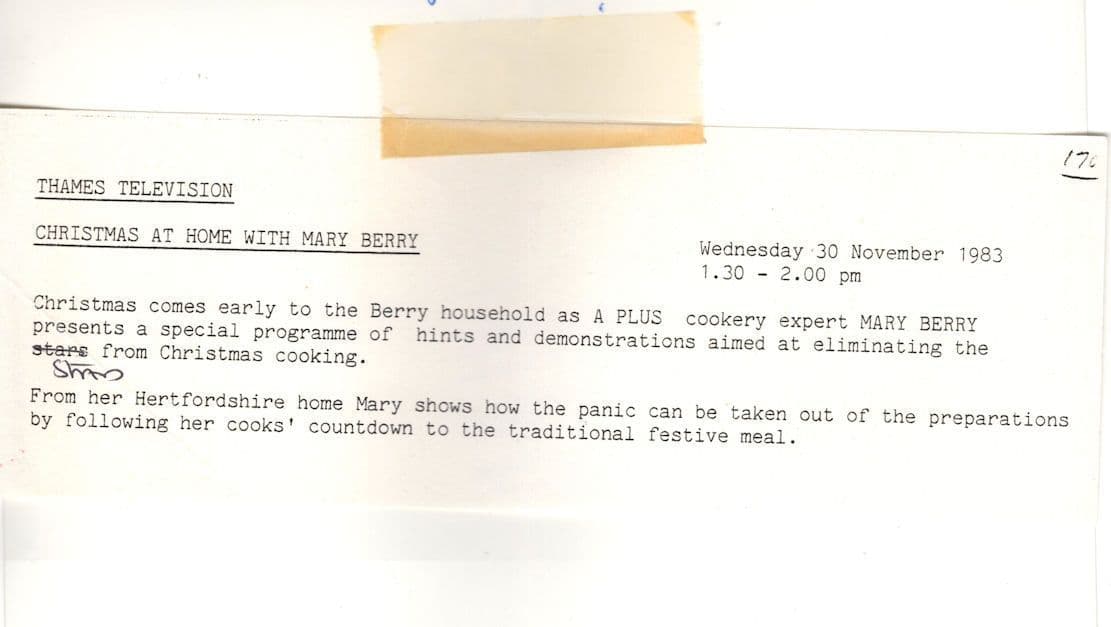 Mary Berry 1983 Thames ITV Christmas Cookery Show Press Photo