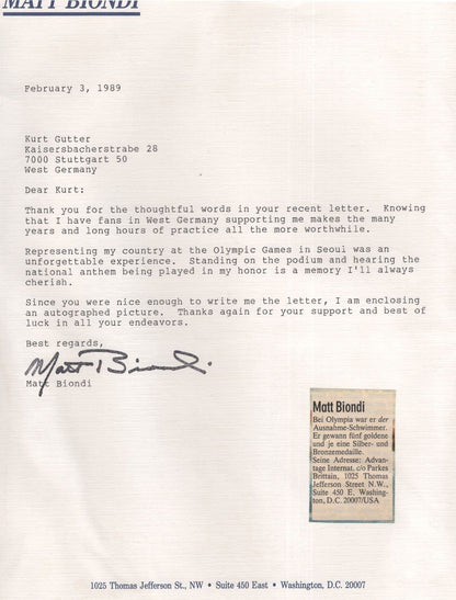 Matt Biondi Olympics Swimming 2x Hand Signed 10x8 Photo & Autographed Letter