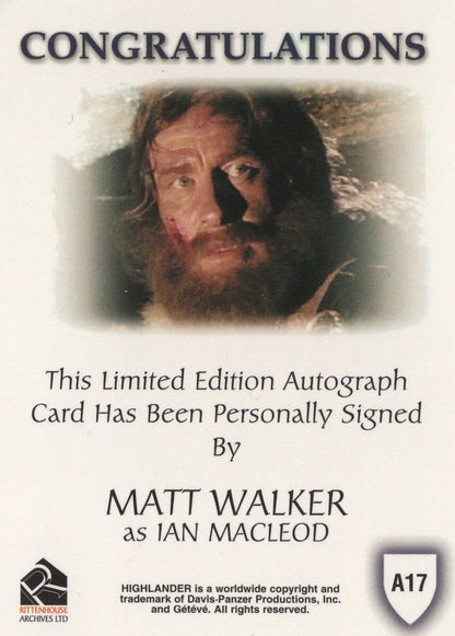 Matt Walker The Complete Highlander Signed Autograph Card
