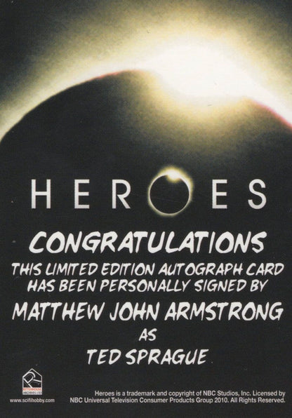 Matthew Armstrong Heroes Hand Signed TV Show Autograph Card
