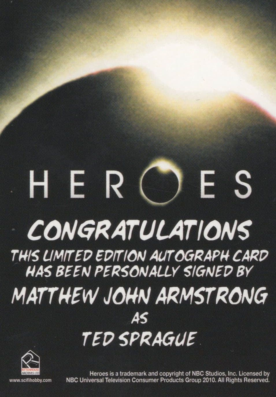 Matthew Armstrong Heroes Hand Signed TV Show Autograph Card