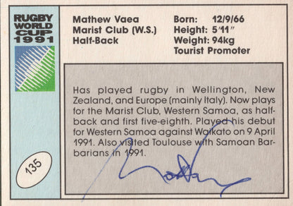 Matthew Vaea Western Samoa Hand Signed Rugby 1991 World Cup Card Photo