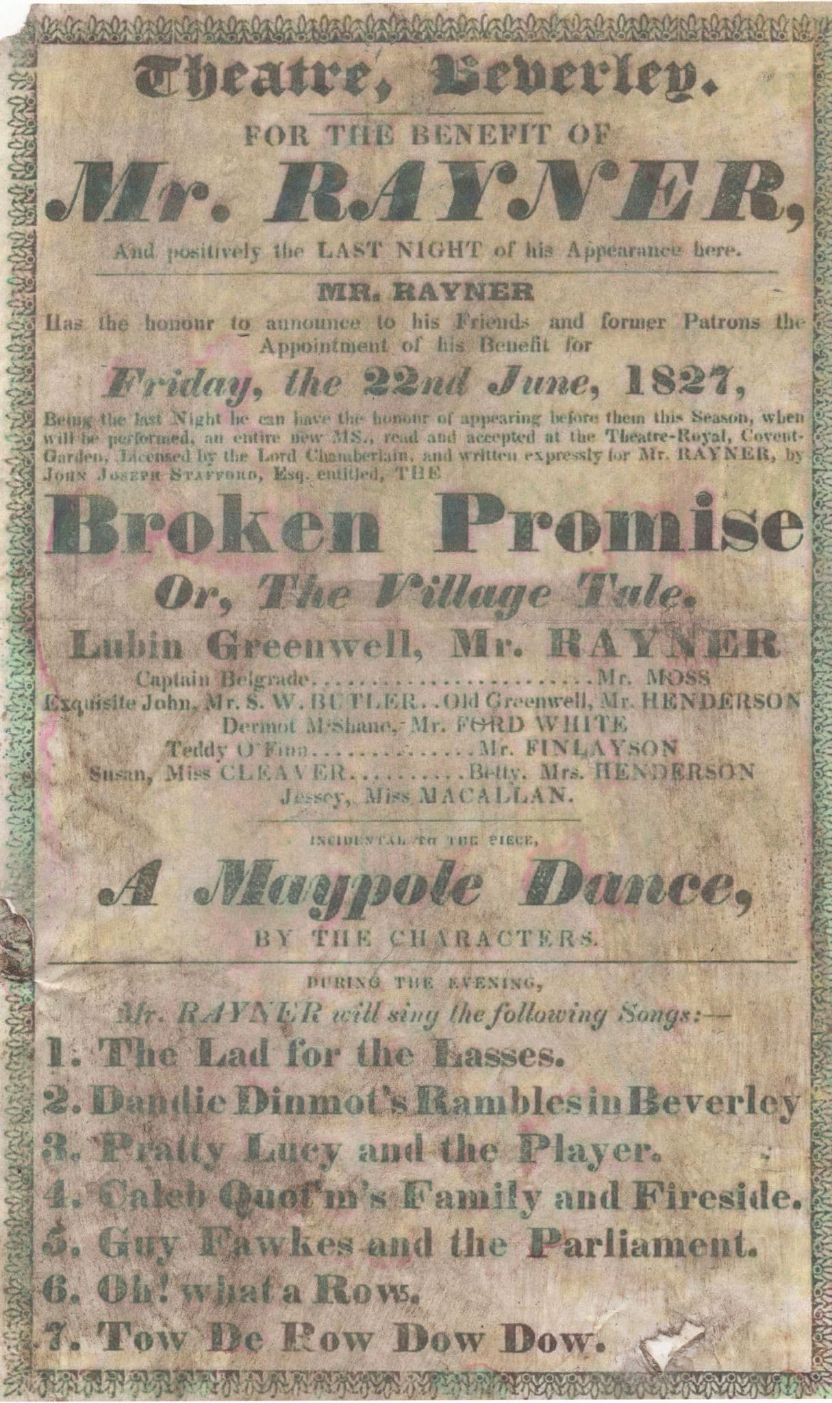 Maypole Dancing Nottingham Theatre Victorian Copy Handbill 1827