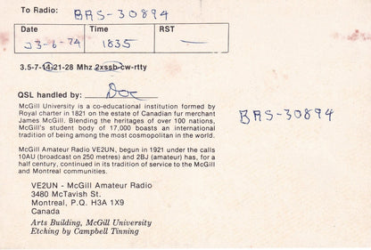 McGill University Amateur Radio Station Montreal Canada QSL Card