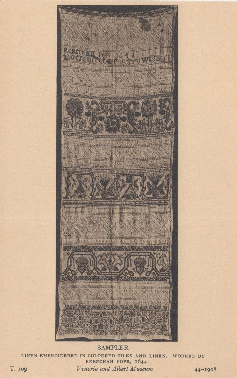 Medieval Embroidery Silk Linen Rebekah Pope in 1644 Postcard