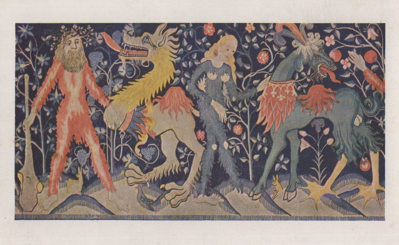 Medieval Tapestry Half Man Beast Demons Vintage Postcard
