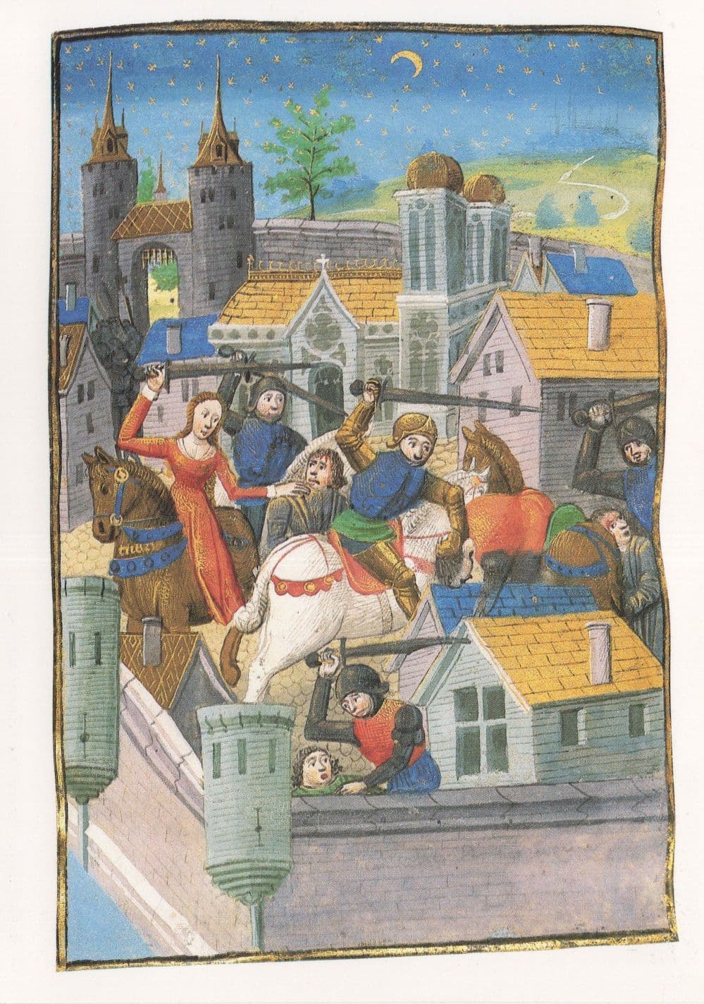 Medieval Woman Protecting Castle Battle Knights Painting Postcard