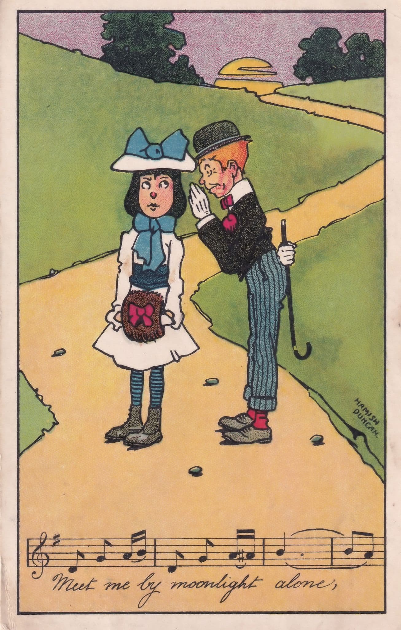 Meet Me By Moonlight Alone Piano Song Old Comic Postcard