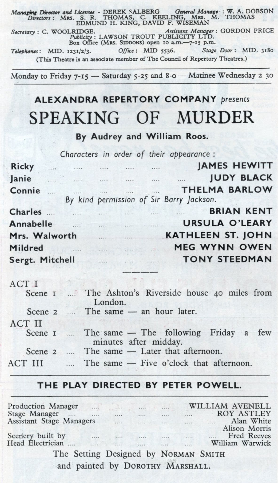 Meg Wynn Owen of Upstairs Downstairs 1960s Speaking Of Murder Theatre Programme