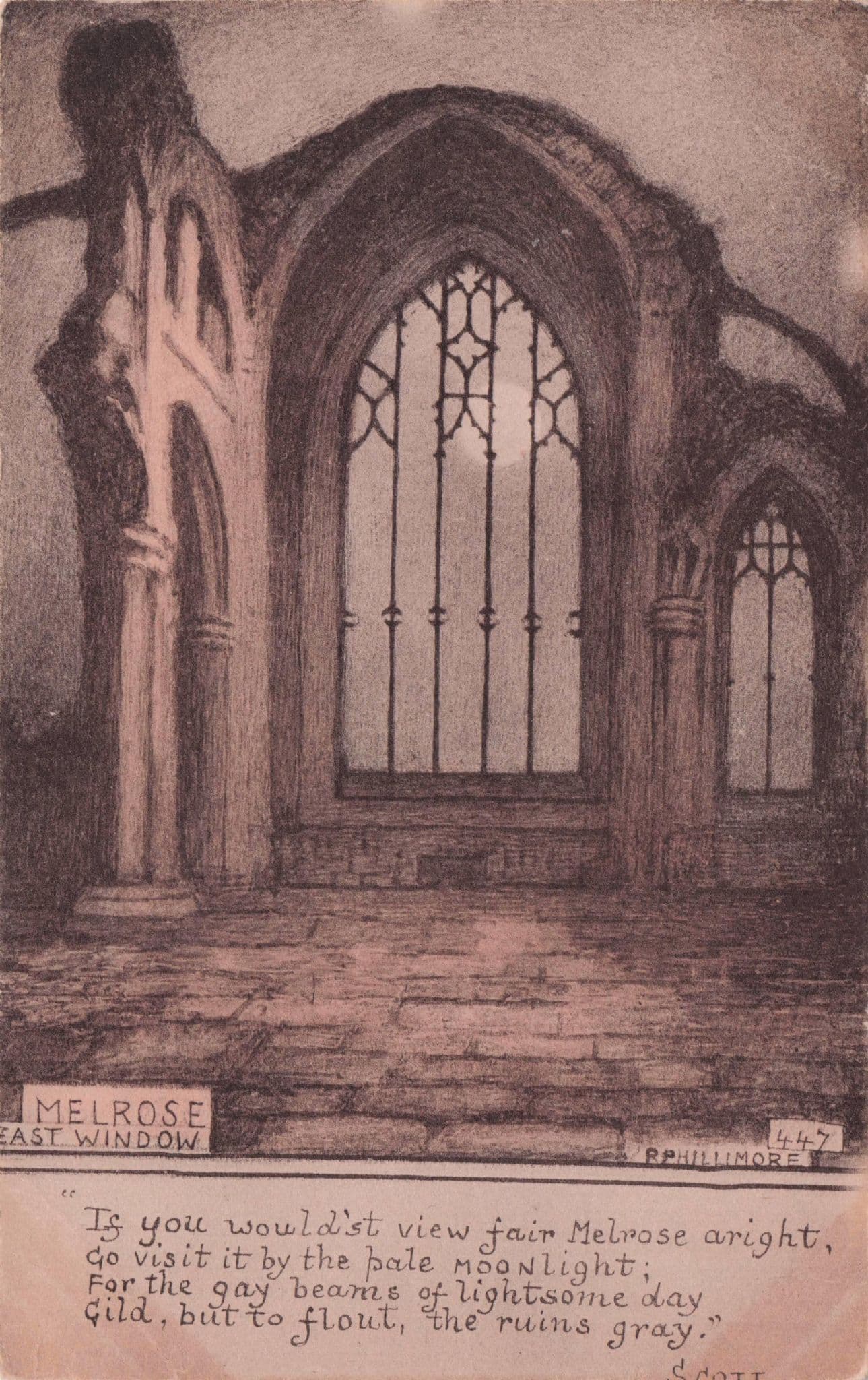 Melrose East Window Phillimore Scottish Ruins Old Painting Postcard
