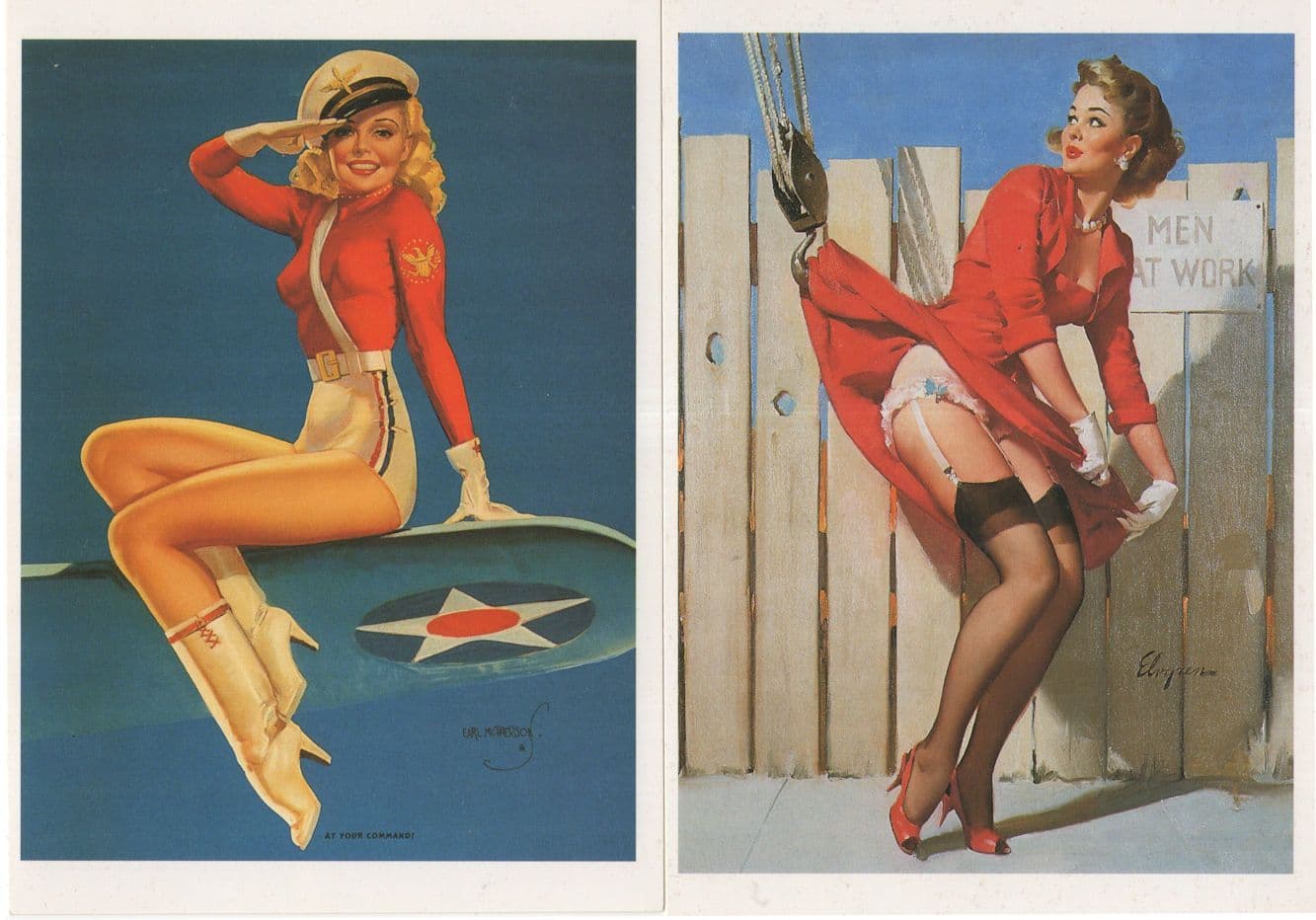 Men At Work 1950s Crane American Plane Striptease Upskirt 2x Postcard s