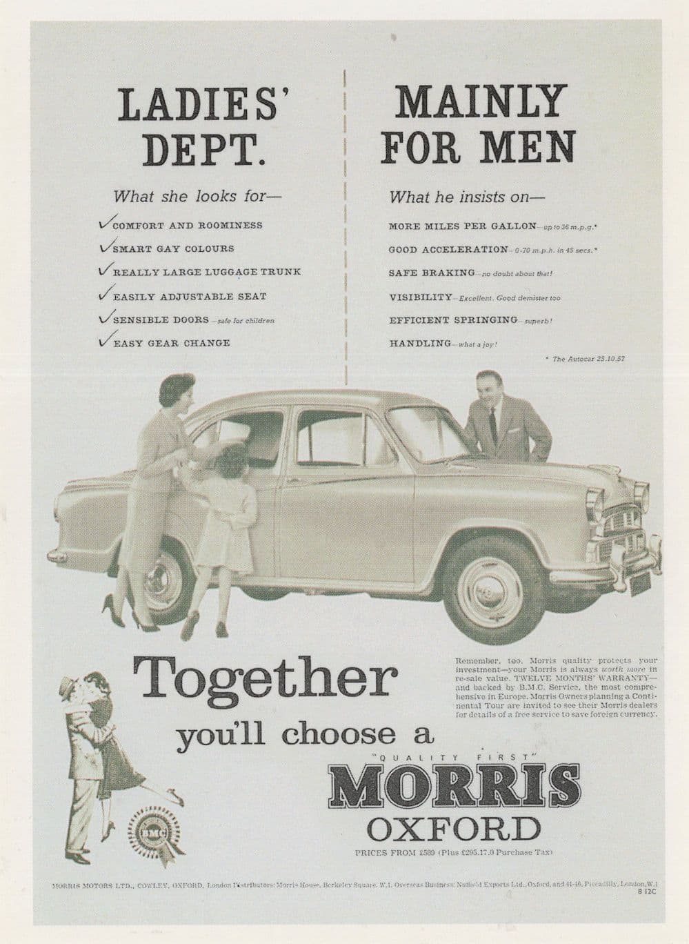 Men Vs Women Drivers Choices Morris Oxford Car Advertising Postcard