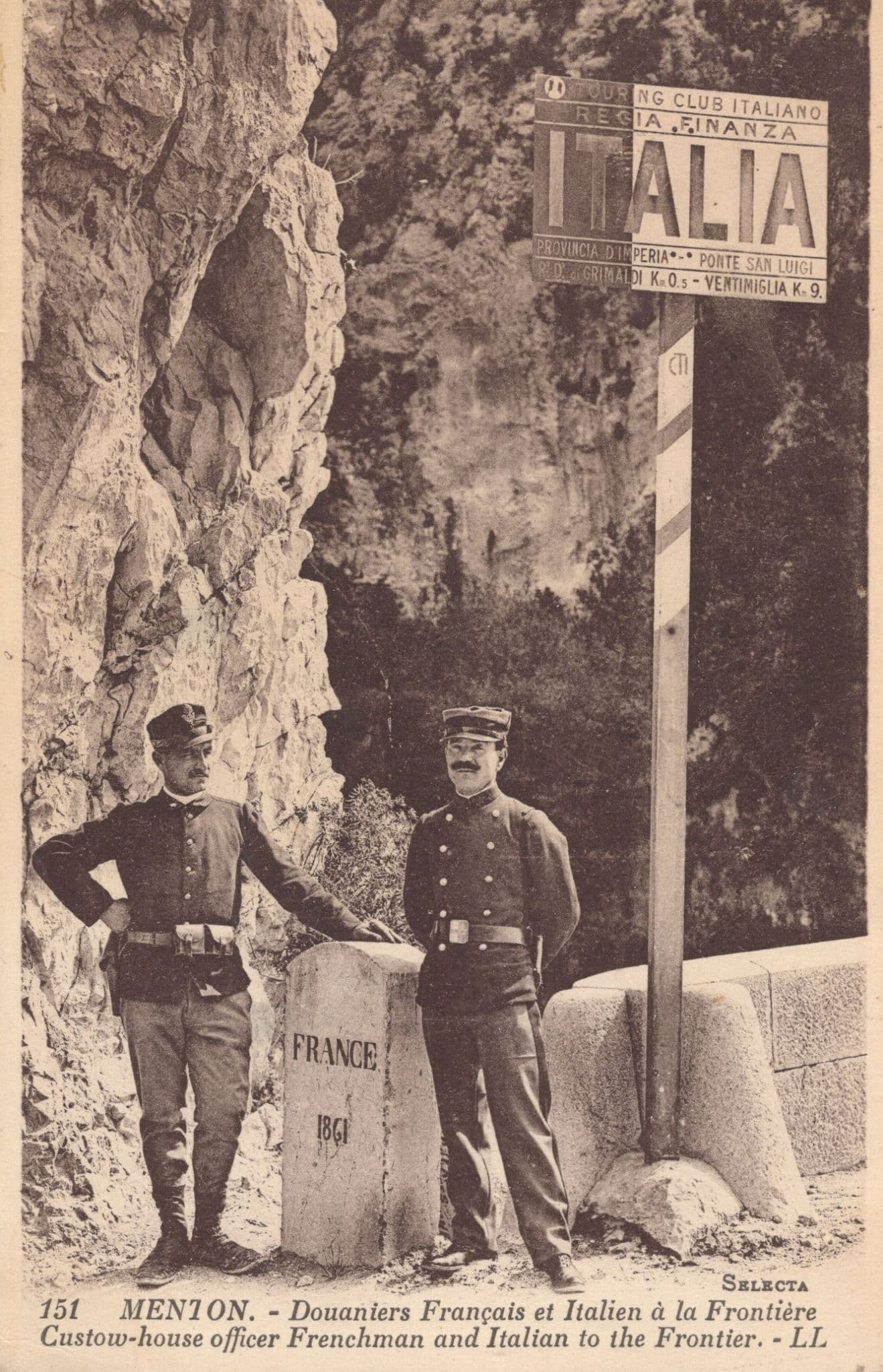 Menton Frontier Giant Sign French Italian Officers at Border Antique Postcard