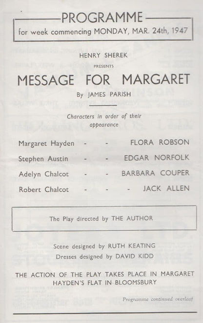 Message For Margaret Flora Robson James Parish Nottingham Theatre Old Programme