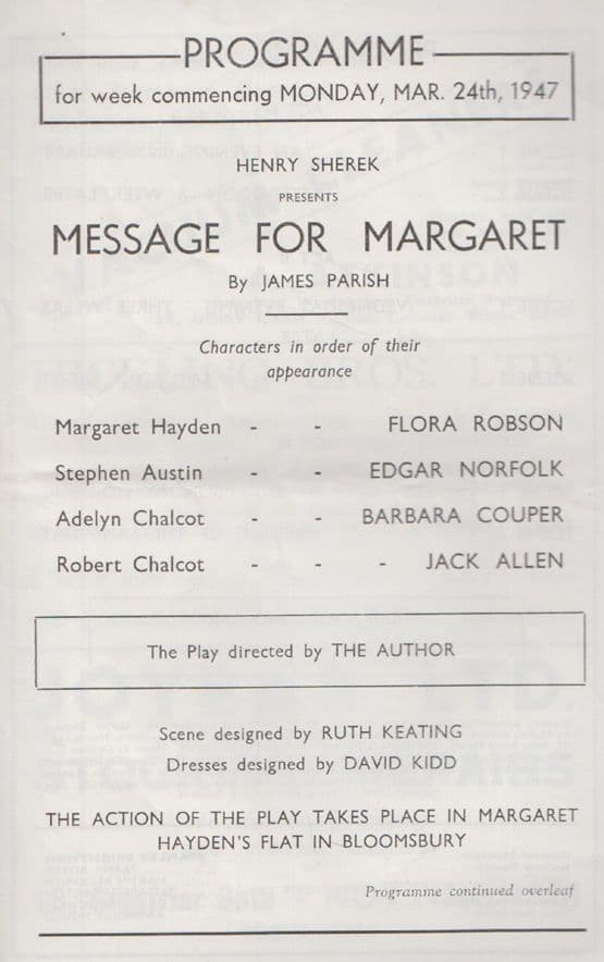 Message For Margaret Flora Robson James Parish Nottingham Theatre Old Programme