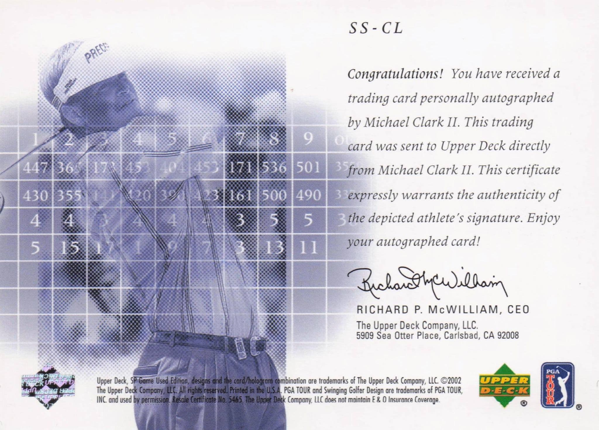Michael Clark II Scorecard Signatures Hand Signed 2002 SP Golf Autograph Card