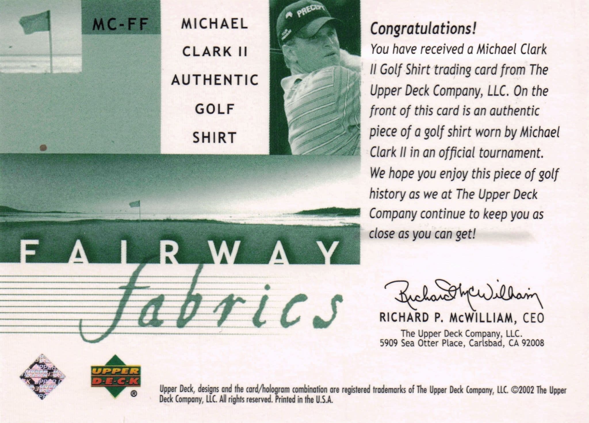 Michael Clark III Fairway Fabrics 2002 Golf Upper Deck Real Shirt Relic Card