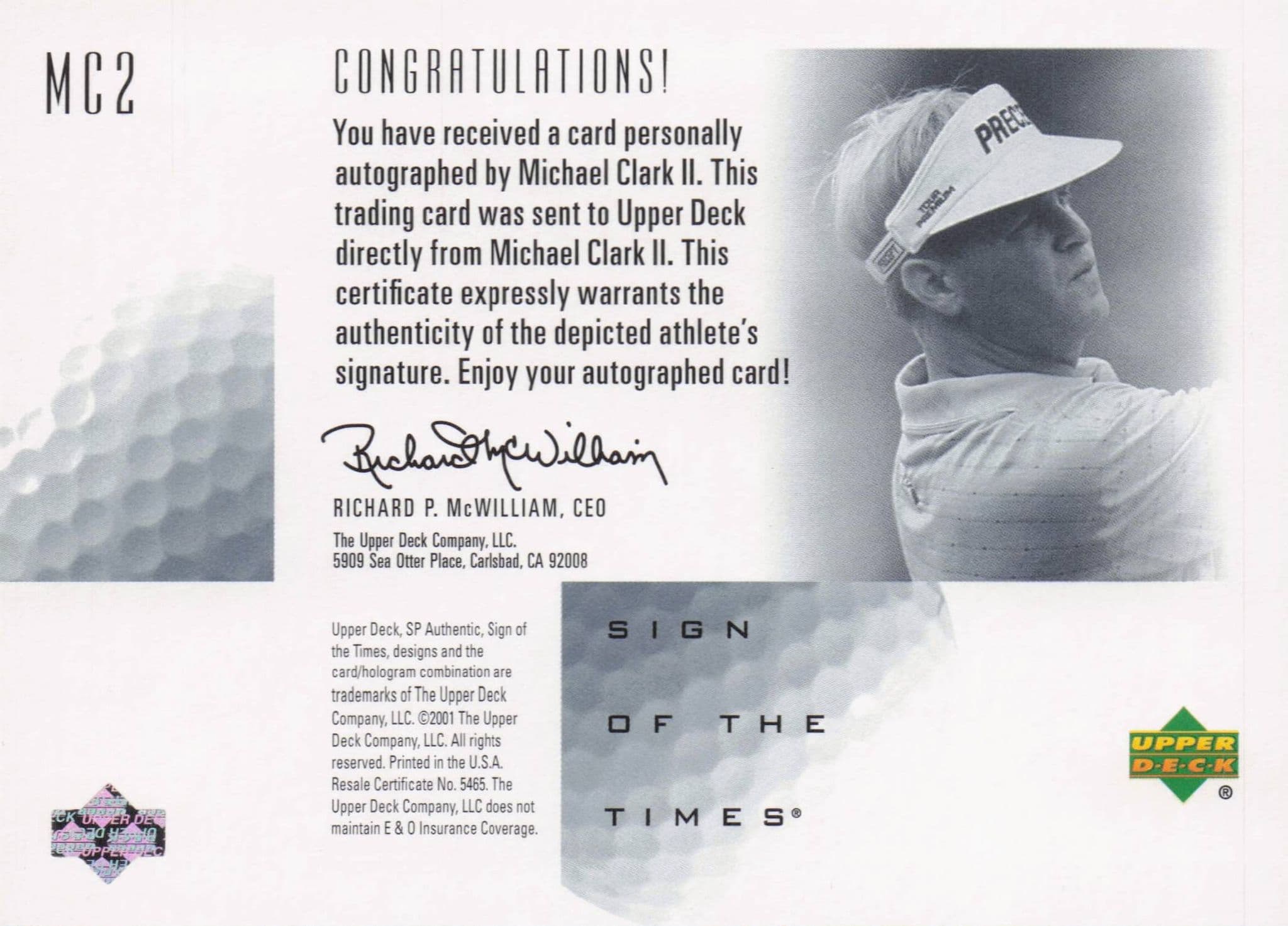 Michael Clark Sign Of The Times Hand Signed 2001 SP Golf Autograph Card