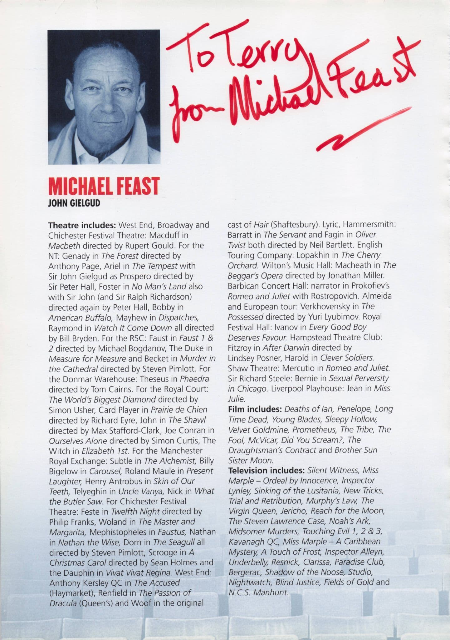 Michael Feast as John Gielgud Hand Signed Photo Theatre Page