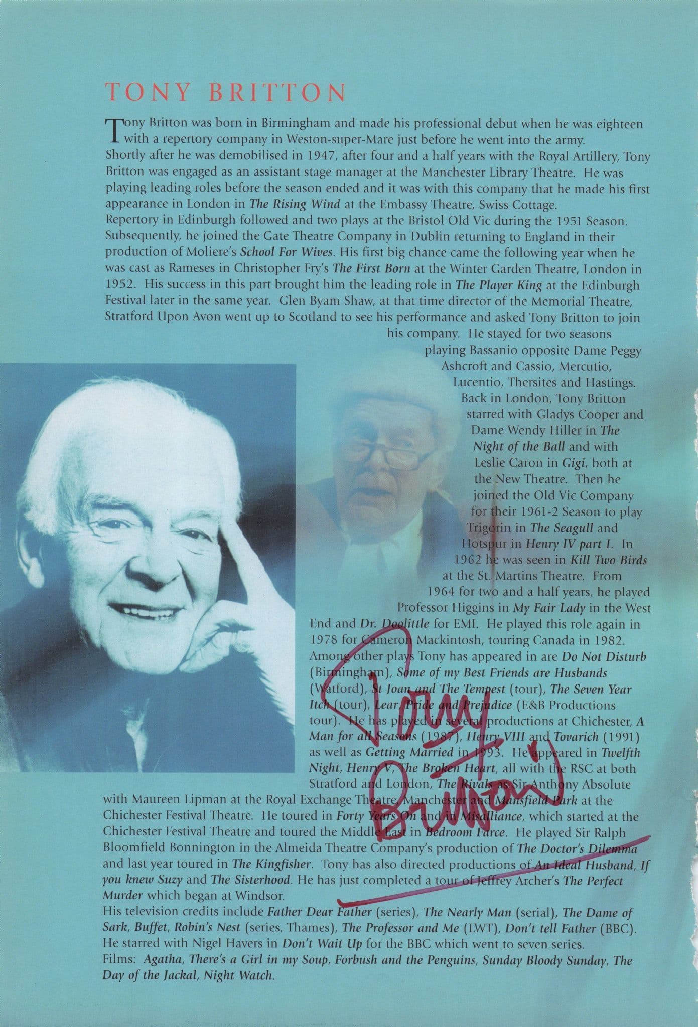 Michael Feast Tony Britton 2x Hand Signed Photo Theatre Page