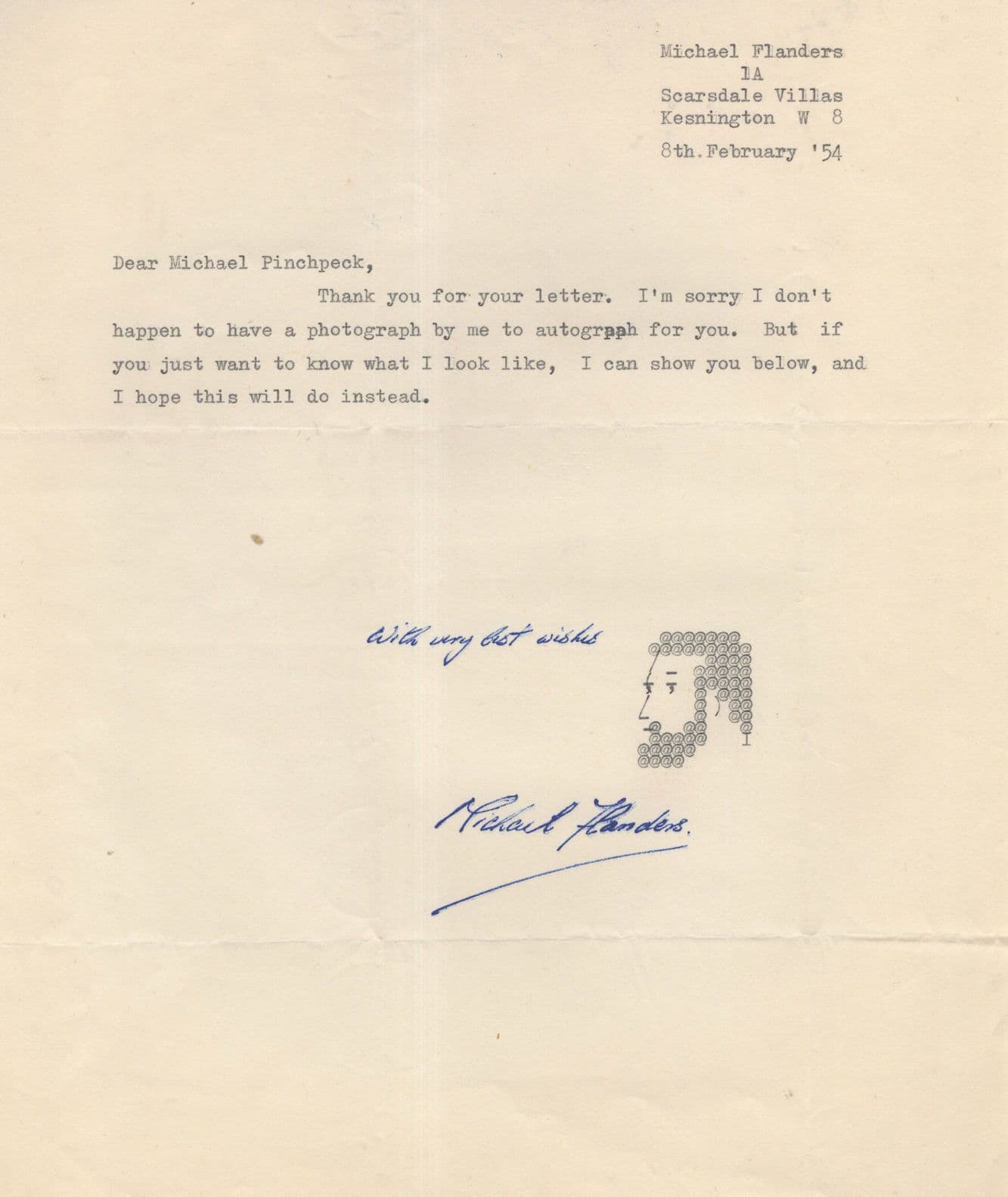 Michael Flanders 1950s Comedian Singer Hand Signed Letter