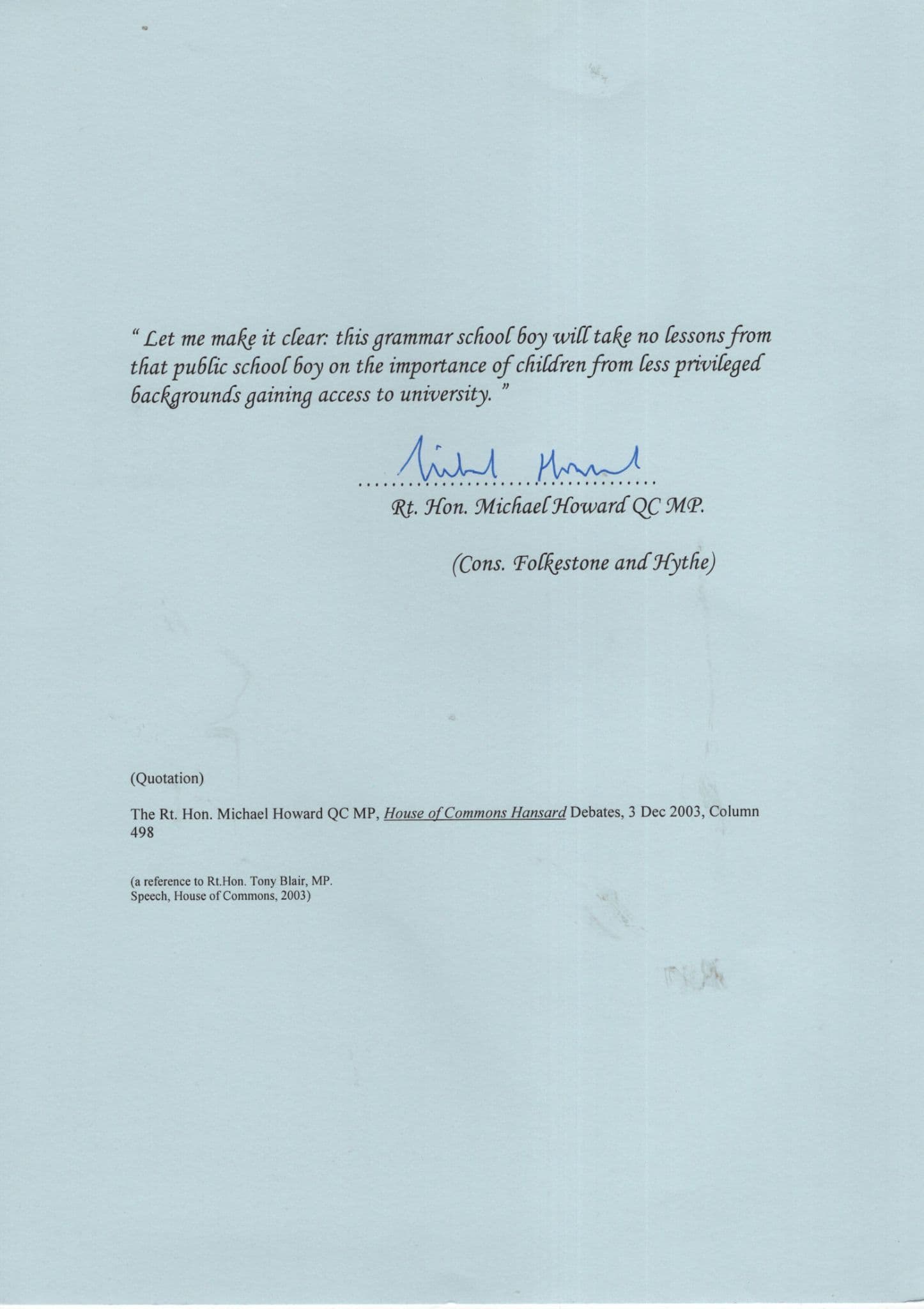 Michael Howard Folkestone Kent MP Hand Signed Autograph