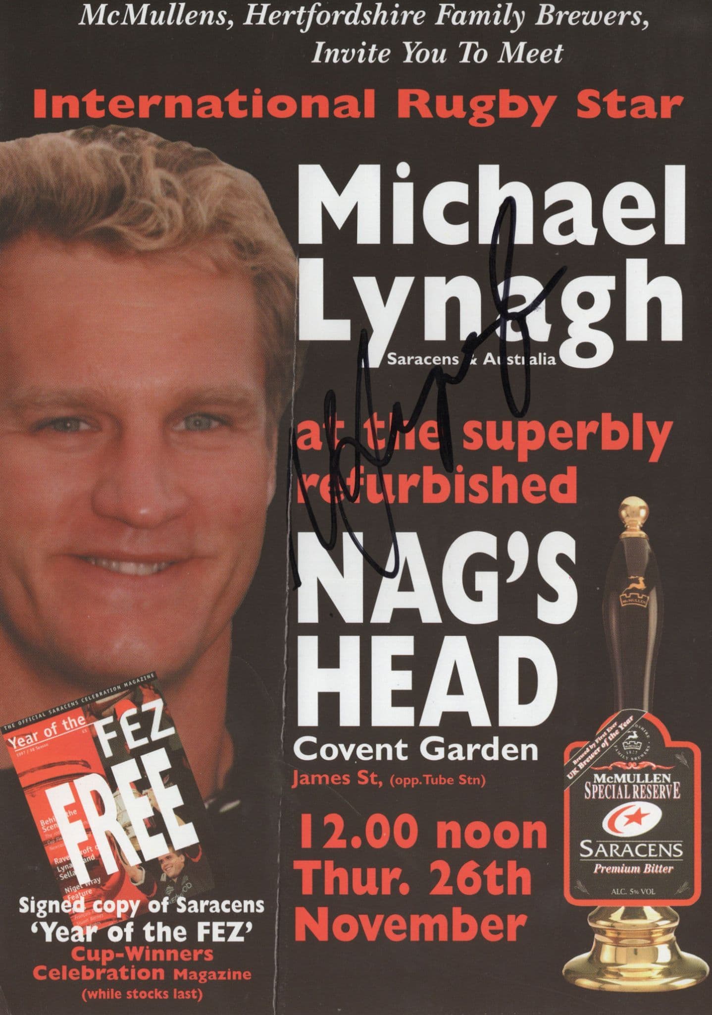 Michael Lynagh Australian Rugby Legend Hand Signed Covent Garden Autograph