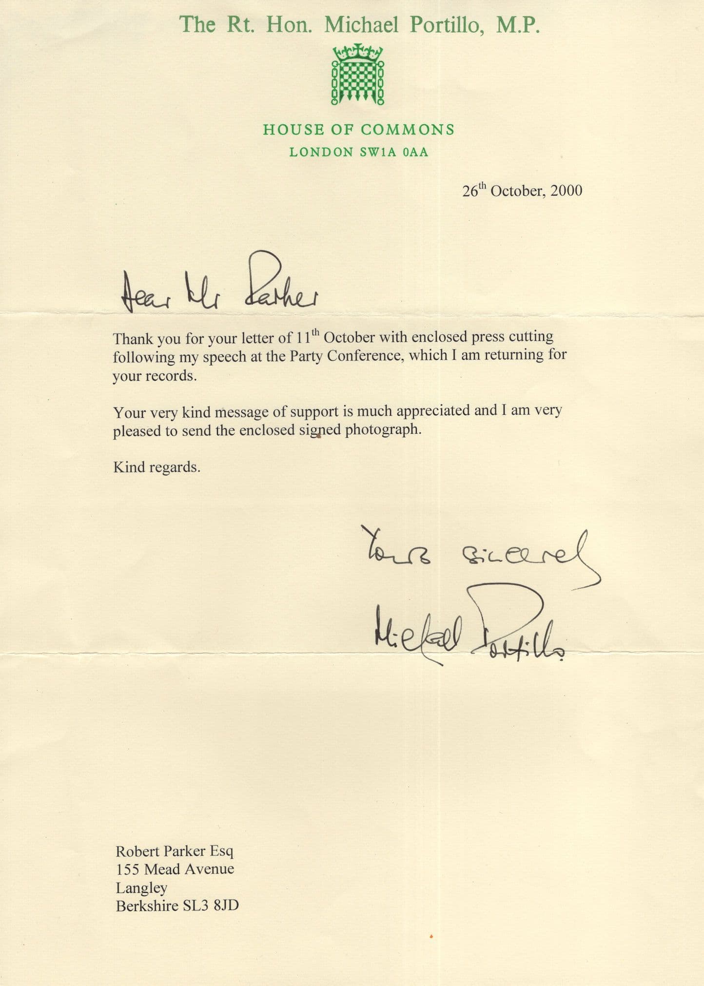 Michael Portillo Conservative MP House Of Commons Hand Signed Letter