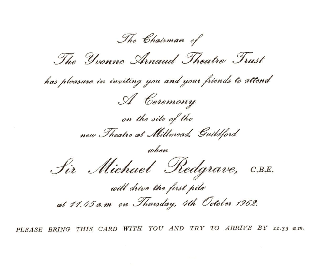 Michael Redgrave Film Actor 1962 Visit To Guildford Invitation Card