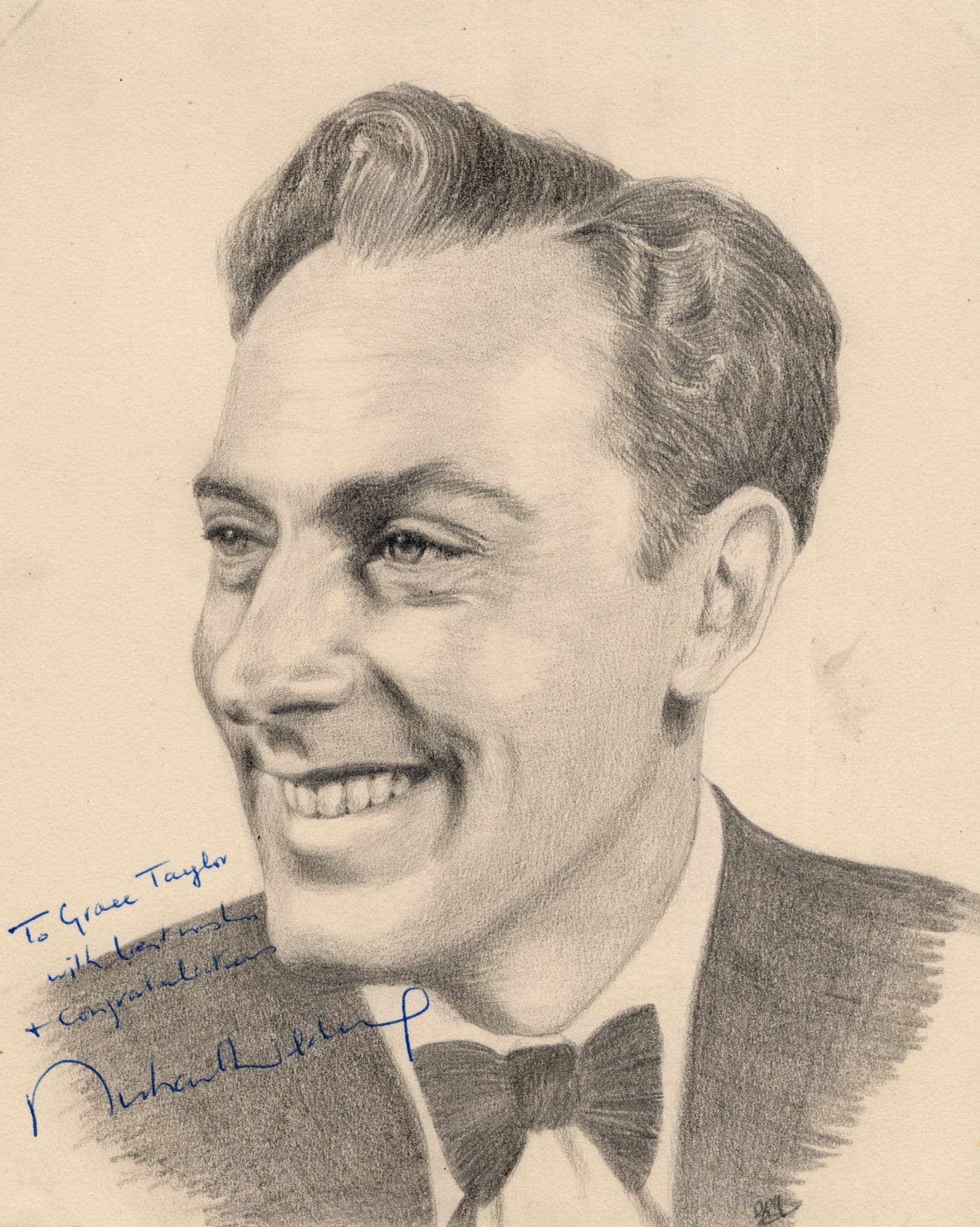 Michael Wilding Film Actor Vintage Signed Large Hand Art Drawing & COA Letter
