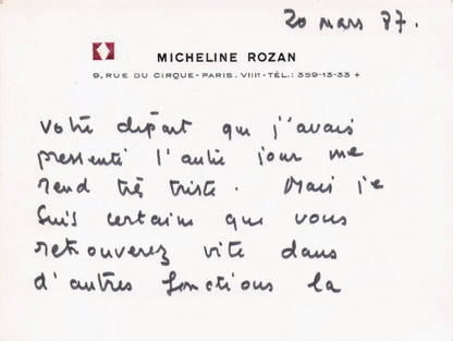 Micheline Rozan French Jewish Film Producer Hand Signed Card Letter