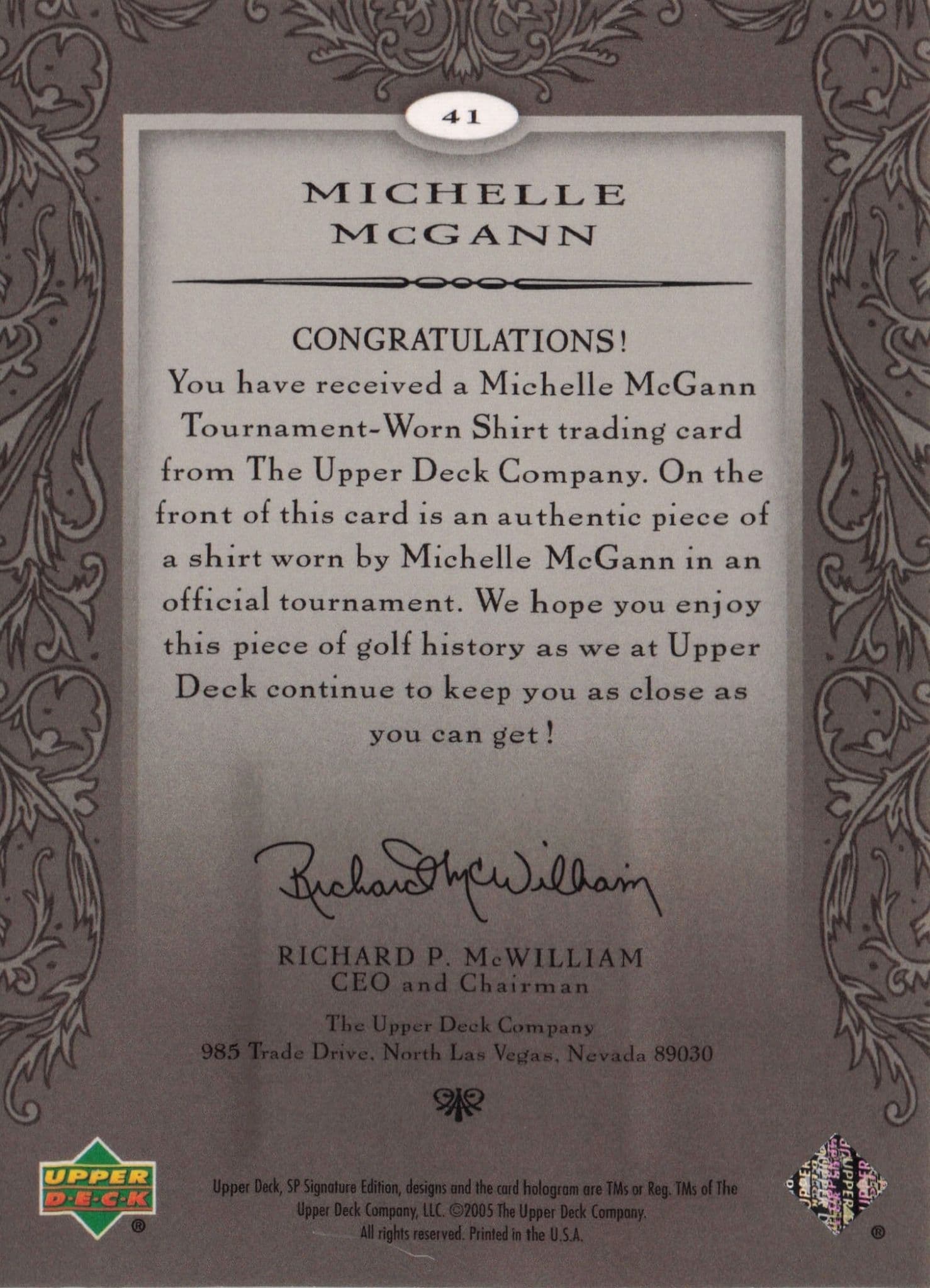 Michelle McGann First Tee SP 2005 Golf Upper Deck Relic Shirt Card
