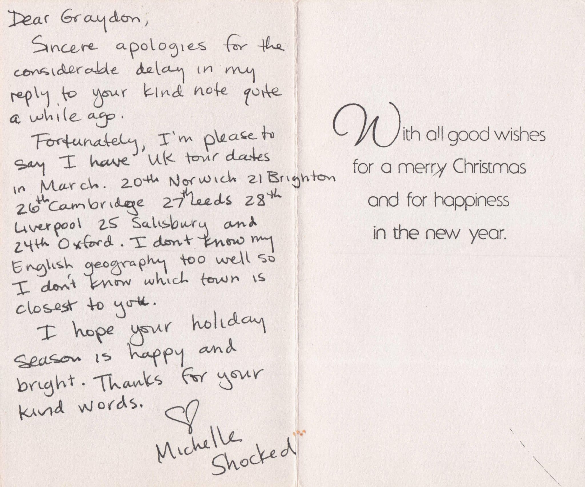 Michelle Shocked Music Singer Hand Signed Christmas Card Letter