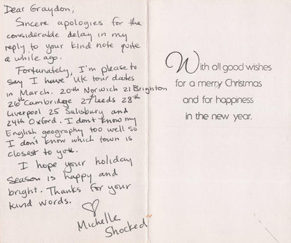 Michelle Shocked Music Singer Hand Signed Christmas Card Letter