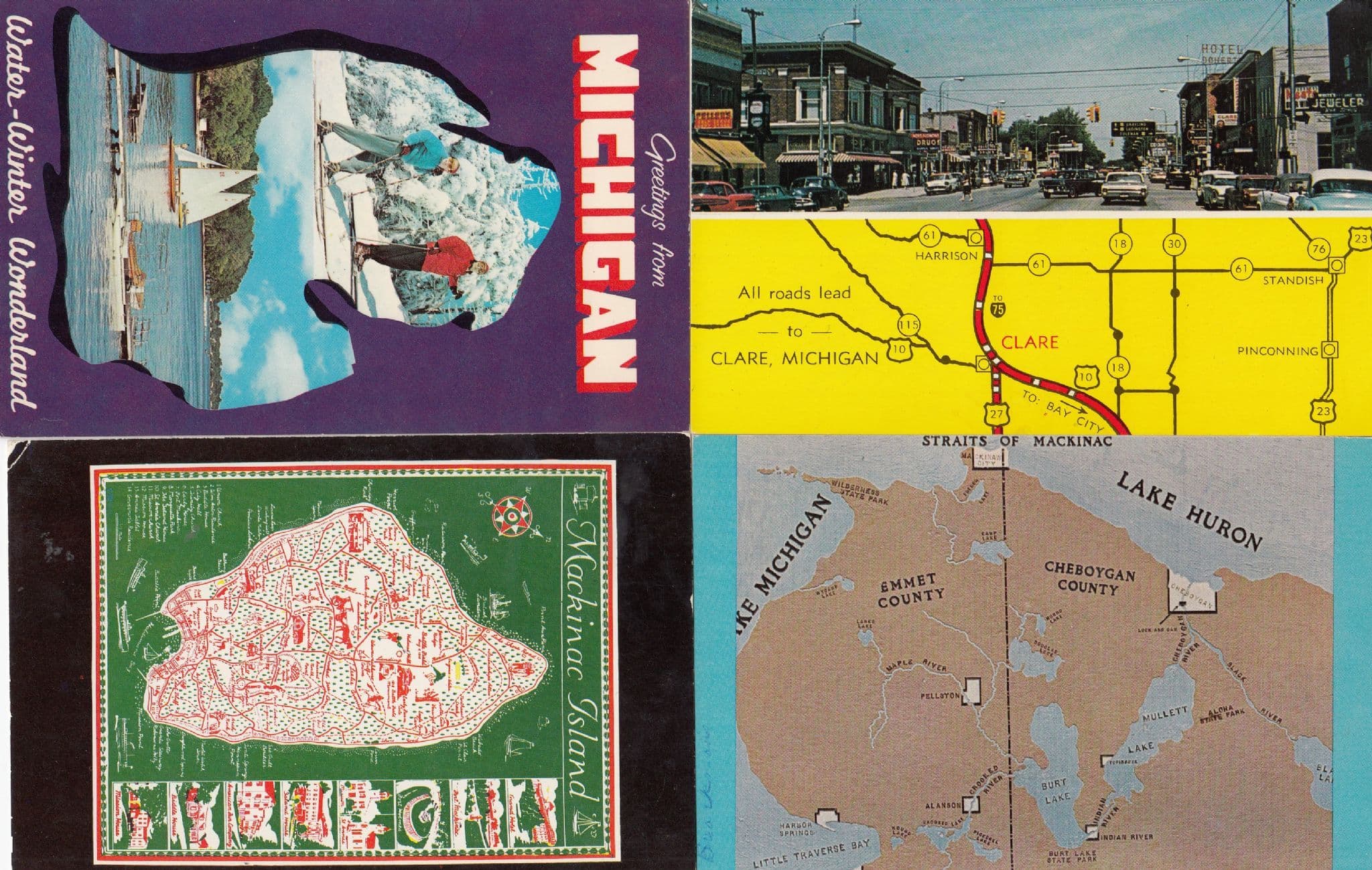 Michigan Island Clare Lake Huron 4x Map Postcard s