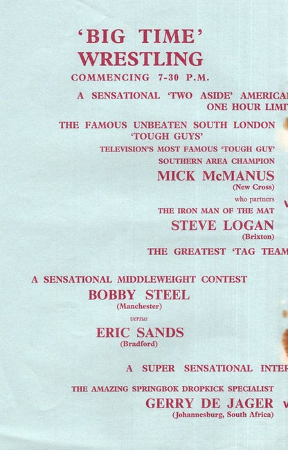 Mick McManus 1960s Dog Parachute Wrestling Bedford Show Programme