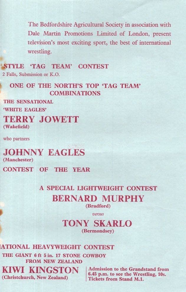 Mick McManus 1960s Dog Parachute Wrestling Bedford Show Programme