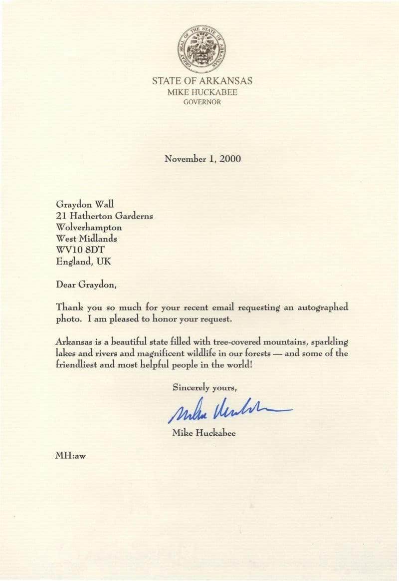 Mike Huckabee Arkansas USA Politician Ultimate Hand Signed Letter & Photo
